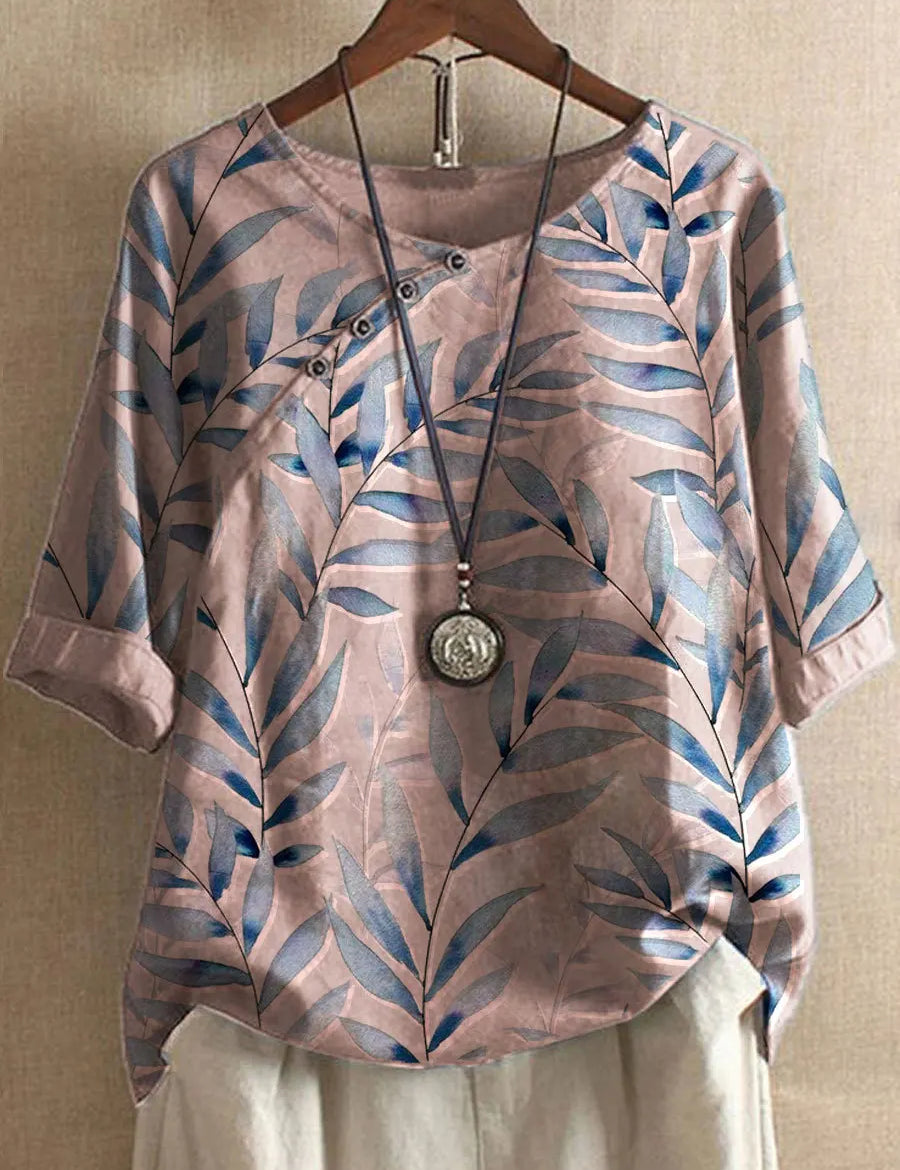Riley Hall | Blue Leaf Print Linen Blouse with Rolled Sleeves