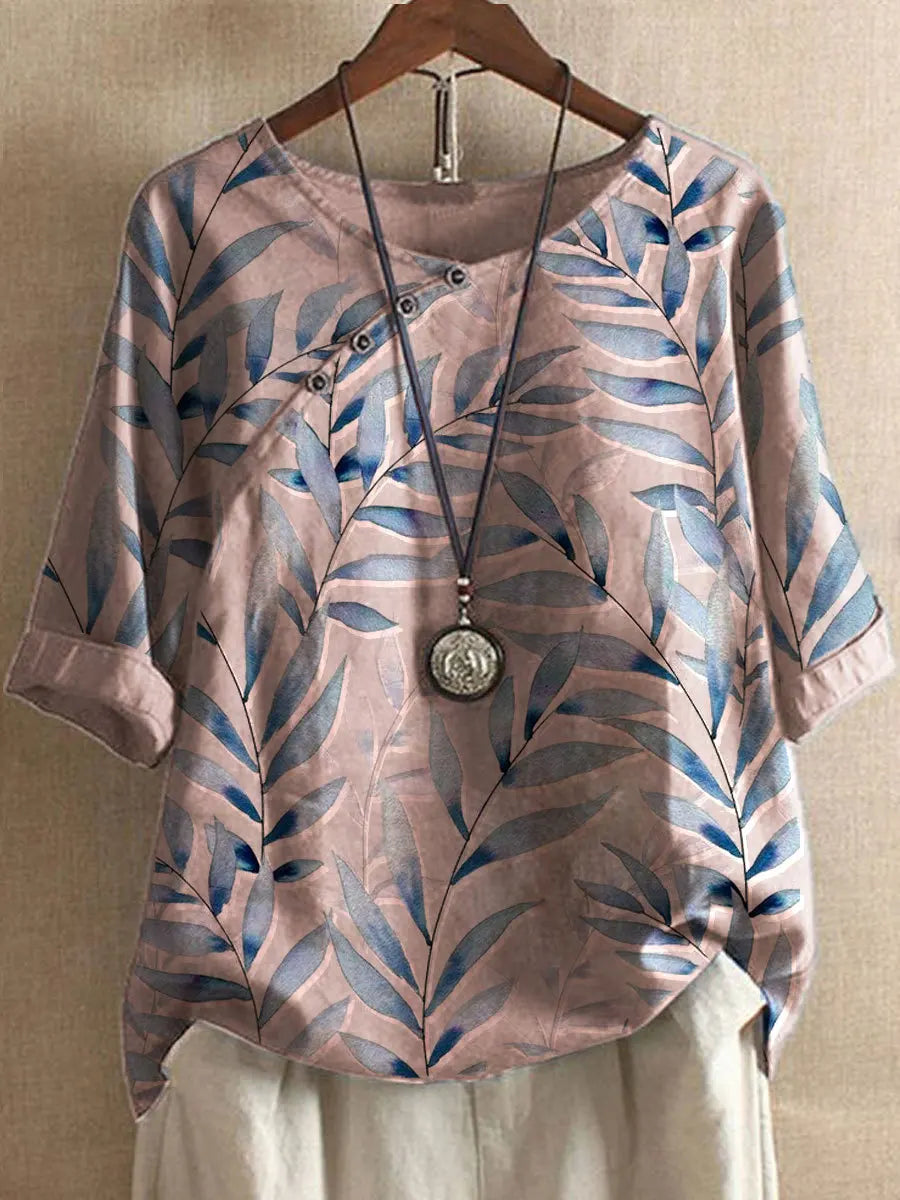 Riley Hall | Blue Leaf Print Linen Blouse with Rolled Sleeves