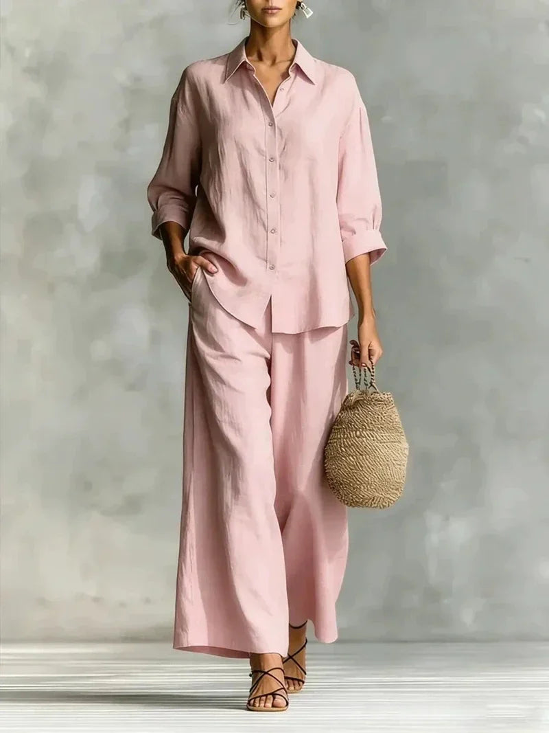 Scarlett Green | Pink Linen Two-Piece Shirt & Wide-Leg Pants Set For Women