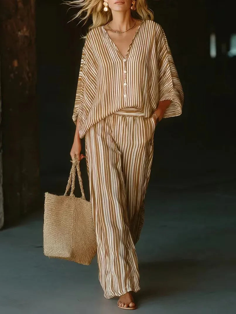 Natalie Rousseau | Striped V-Neck Two-Piece Matching Set For Women