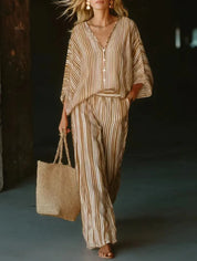 Natalie Rousseau | Striped V-Neck Two-Piece Matching Set For Women
