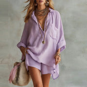 Rosalie Fontaine | Pink Linen Two-Piece Shirt & Shorts Matching Set For Women