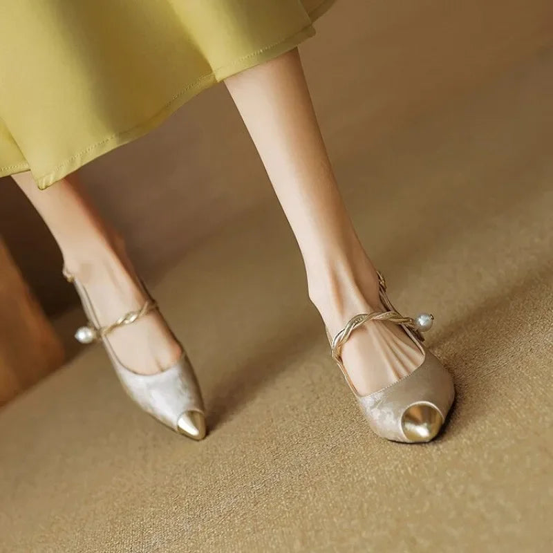 Céleste Morvannes | Green Floral Jacquard Pearl Strap Slingback Kitten Heel