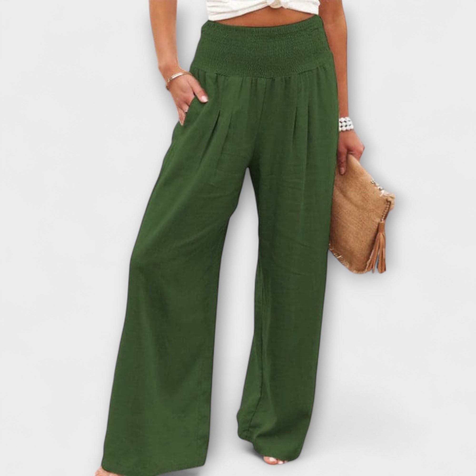 Marguerite Soleil | Coral Wide-Leg Linen Pants with Smocked Waist