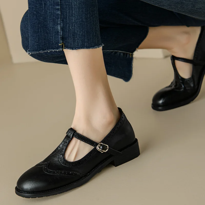 Rowena Delvigne | Brown Brogue T-Strap Mary Jane Low Block Heel