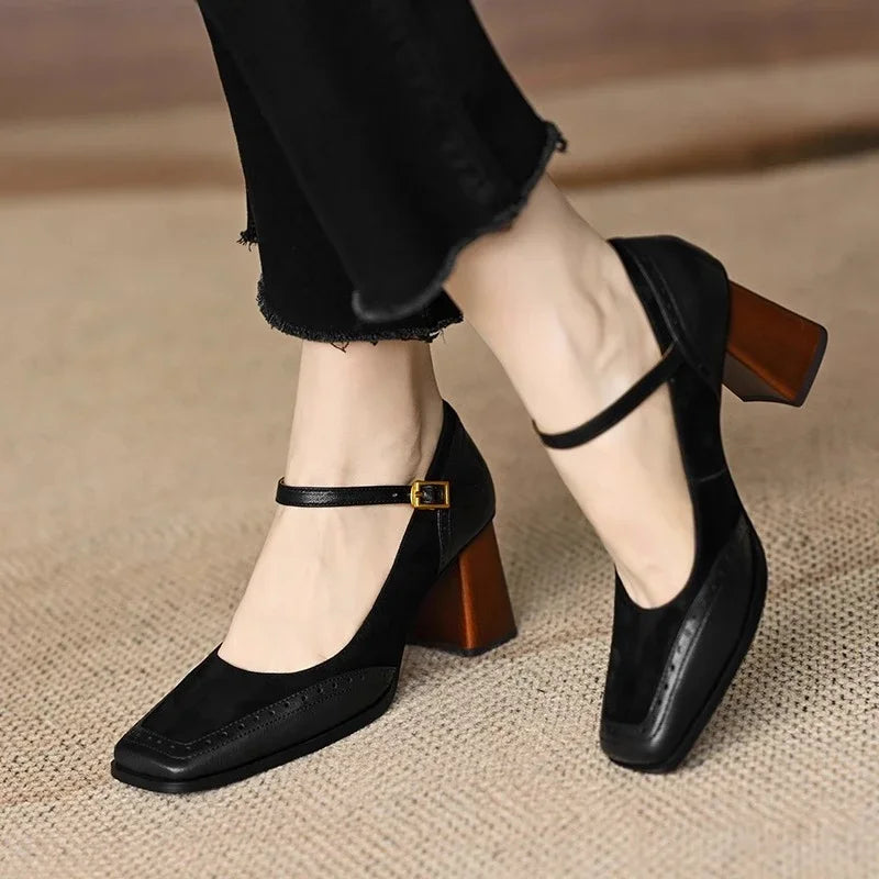Clémence Beauvray | Brown Square Toe Block Heel Mary Jane Pumps