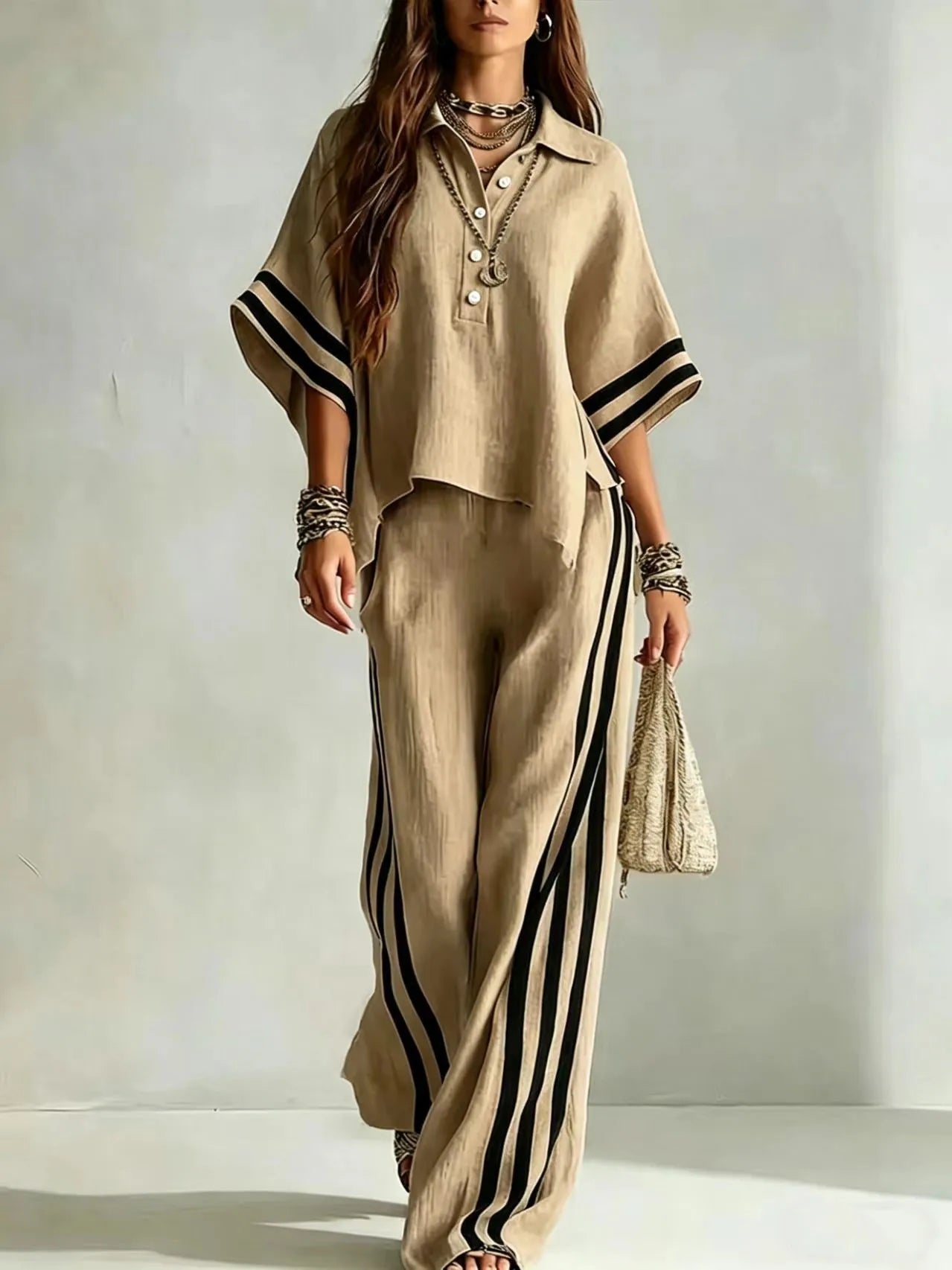 Renata Soleil | Khaki Striped Wide Leg Two-Piece Set For Women