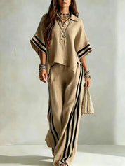 Renata Soleil | Khaki Striped Wide Leg Two-Piece Set For Women