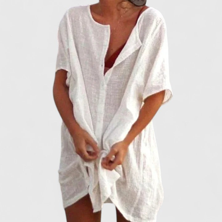 Celinda Marchbourne | White Linen Tunic Dress Short Sleeve