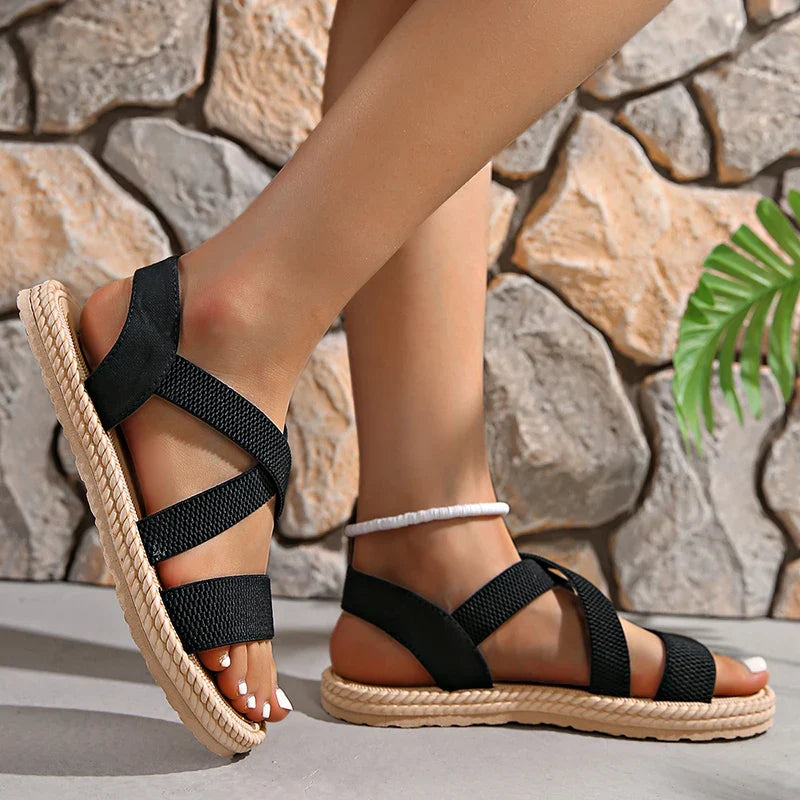 Marcella Dunvere | Crossover Strap Flat Sandals in Beige