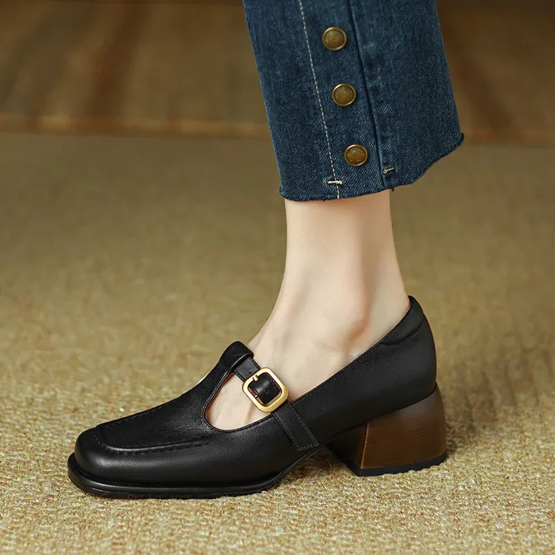 Sylvana Beaumont | Women's T-Strap Mary Jane Shoes Square Toe Low Block Heel