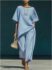 Nora King | Linen Cropped Wide Leg Pant Set in Blue