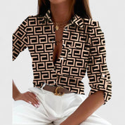 Céleste Vaudreuil | Geometric Print Long Sleeve Button-Up Blouse