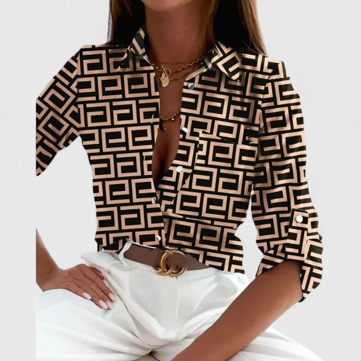 Céleste Vaudreuil | Geometric Print Long Sleeve Button-Up Blouse