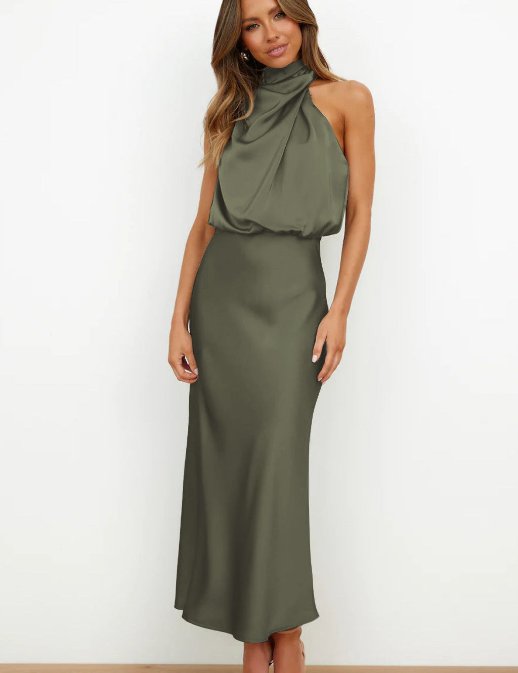 Seraffina Wolvecourt | Sage Green Satin Halter Midi Dress