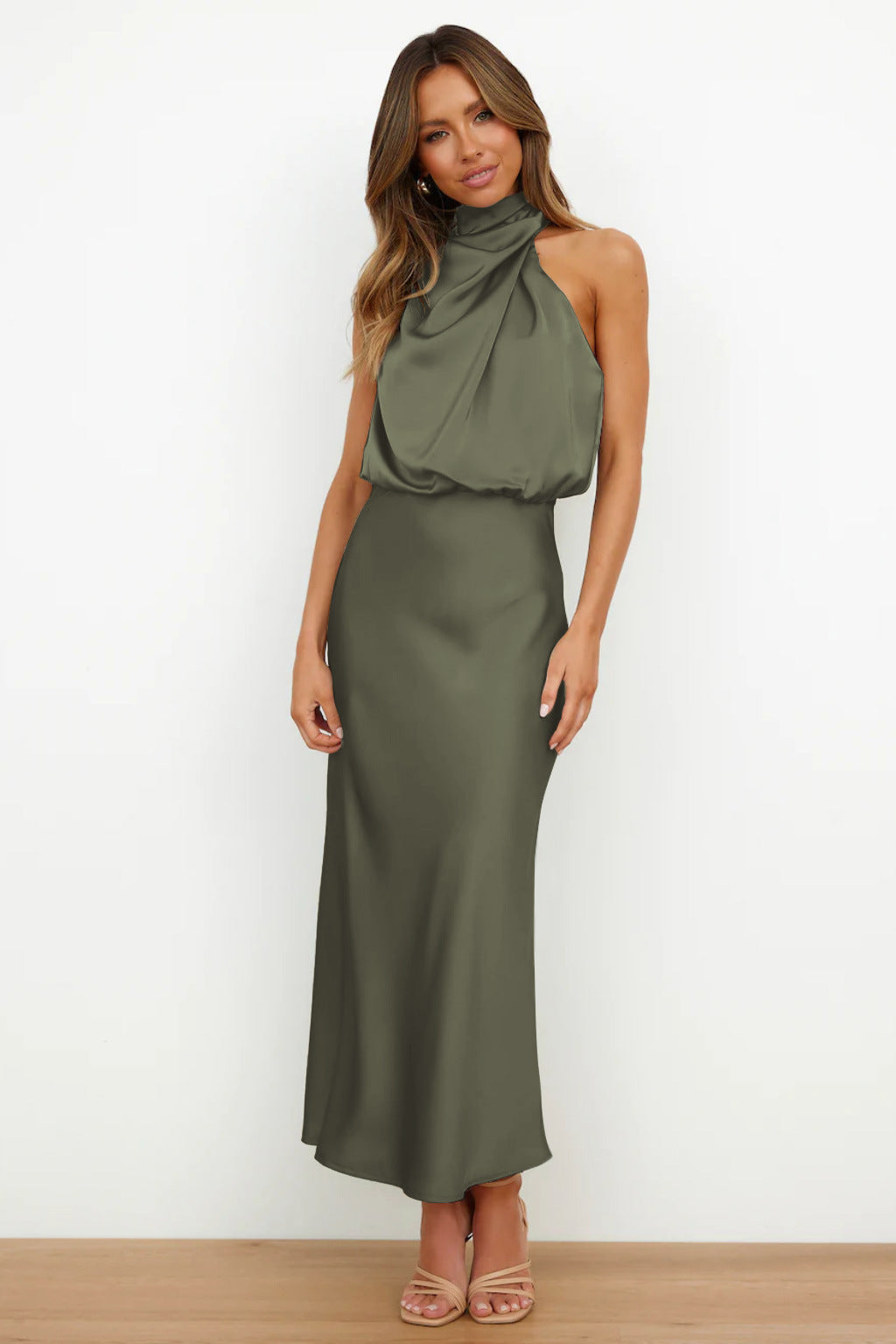 Seraffina Wolvecourt | Sage Green Satin Halter Midi Dress