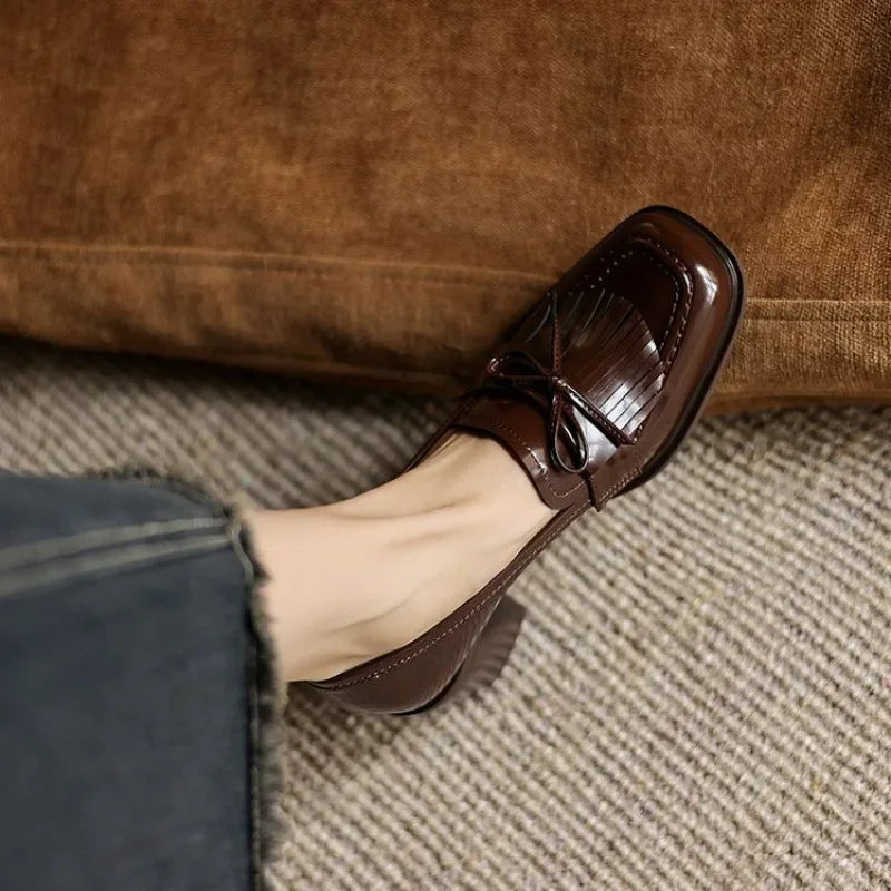 Leticia Beauvigne | Black Patent Tassel Loafer Block Heel Pump