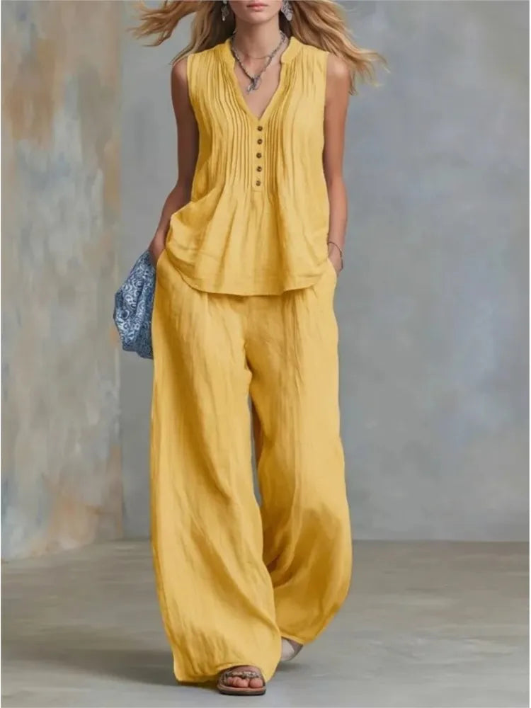 Margot Delacroix | Pleated V-Neck Wide-Leg Two Piece Set For Women