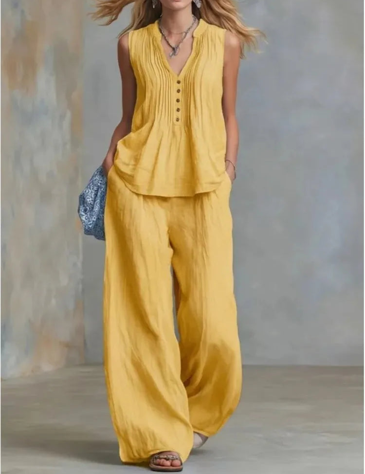 Margot Delacroix | Pleated V-Neck Wide-Leg Two Piece Set For Women