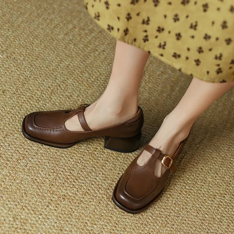 Sylvana Beaumont | Women's T-Strap Mary Jane Shoes Square Toe Low Block Heel