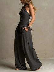 Amelia Green | Linen Blend Halter Wide Leg Jumpsuit in Beige