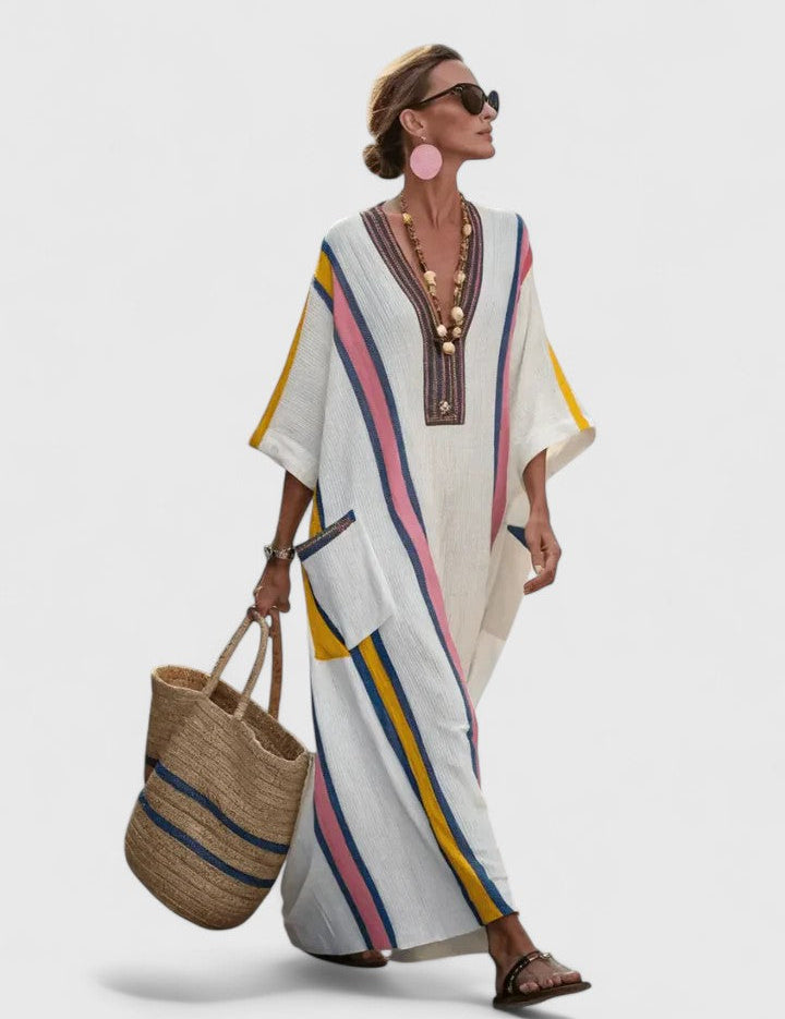 Coralie Deschambault | V-Neck Kaftan Maxi Dress with Stripe Detail