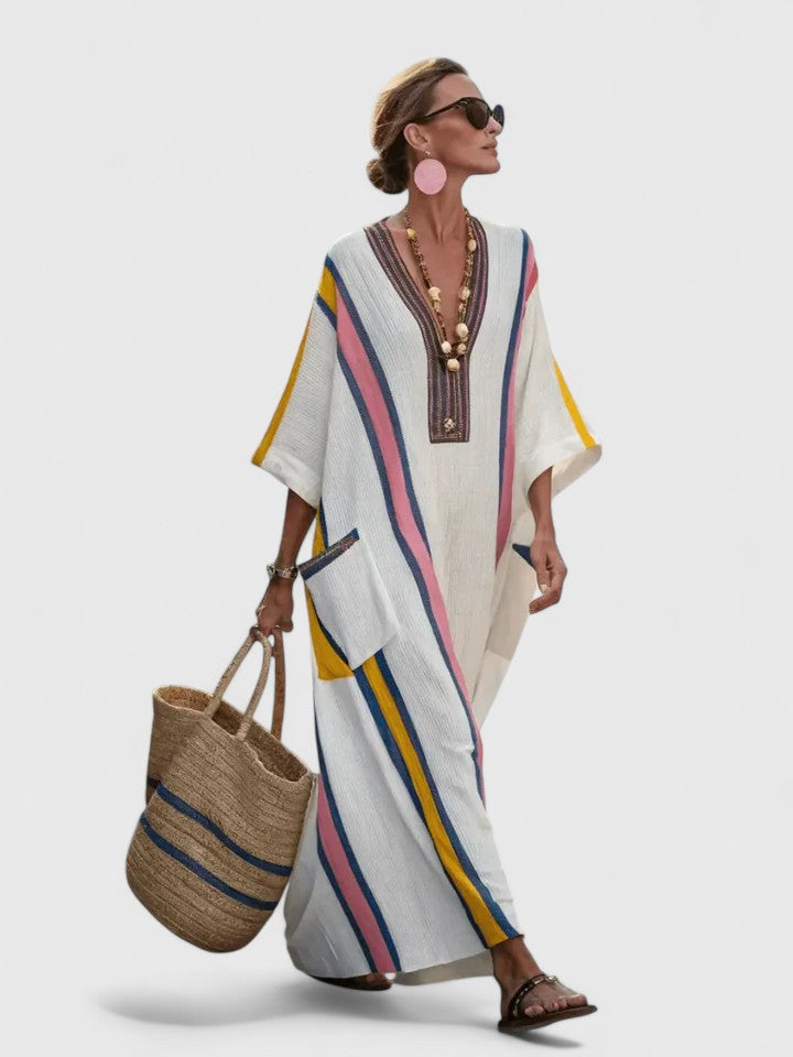 Coralie Deschambault | V-Neck Kaftan Maxi Dress with Stripe Detail