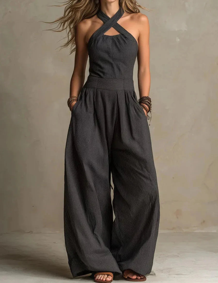 Amelia Green | Linen Blend Halter Wide Leg Jumpsuit in Beige
