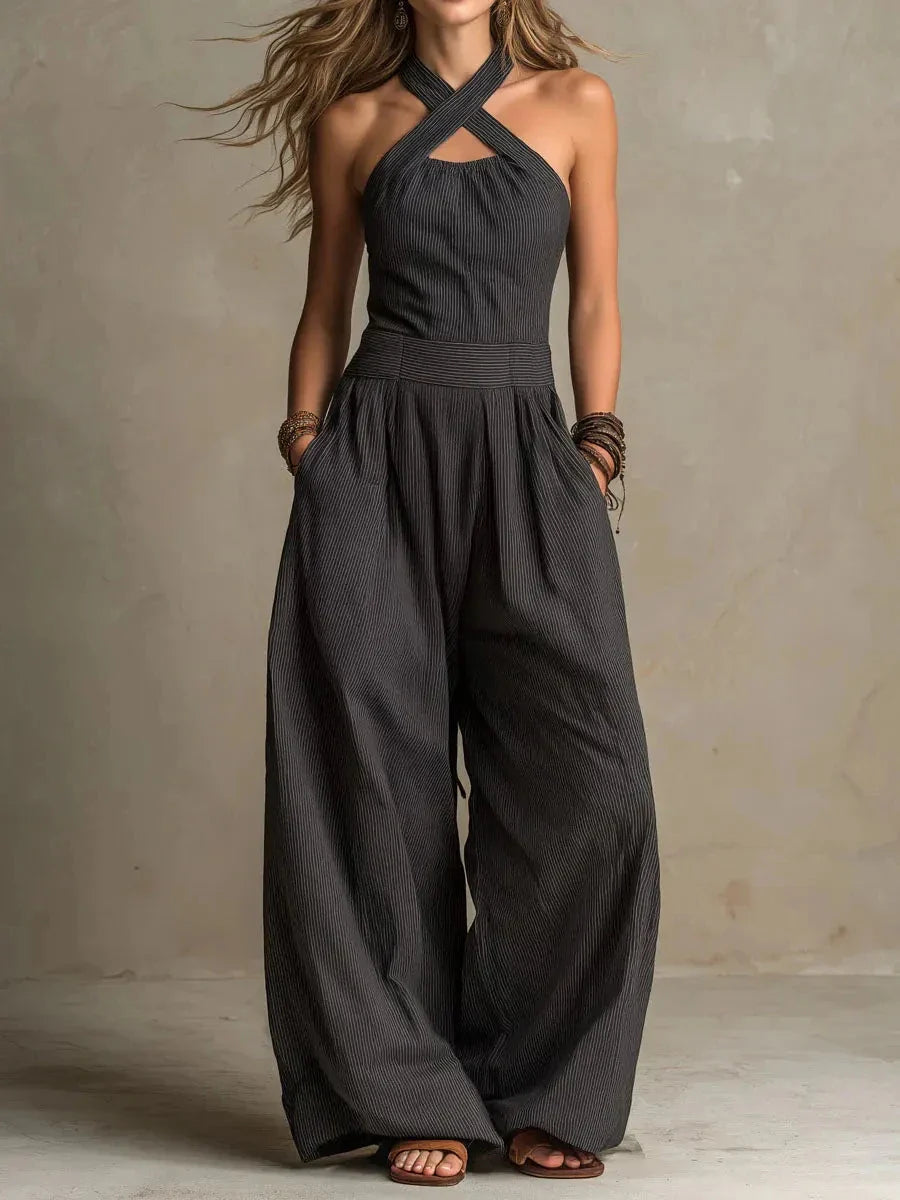 Amelia Green | Linen Blend Halter Wide Leg Jumpsuit in Beige