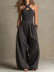 Amelia Green | Linen Blend Halter Wide Leg Jumpsuit in Beige