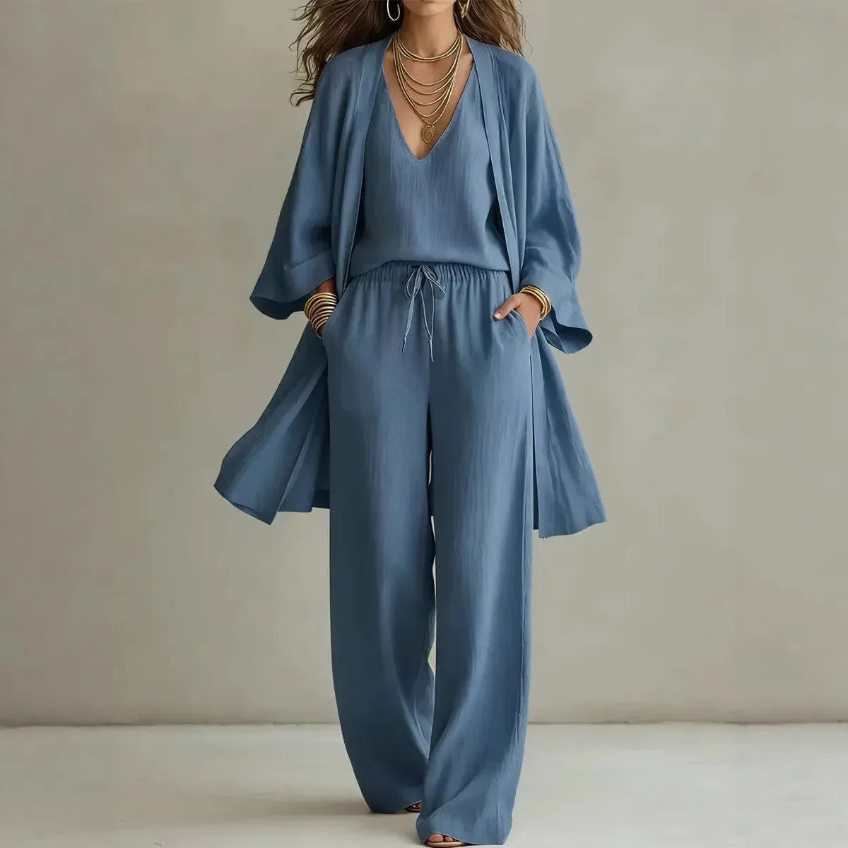 Estelle Fontaine | White Linen 3-Piece Co-ord Lounge Set For Women