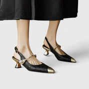 Seraphielle Fontclair | Green Floral Kitten Heel Slingback with Pearl Strap