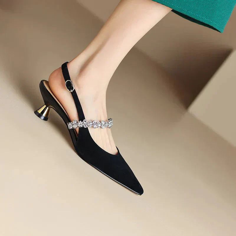 Eloise Sancerre | Silver Crystal Strap Slingback Pointed Toe Heels