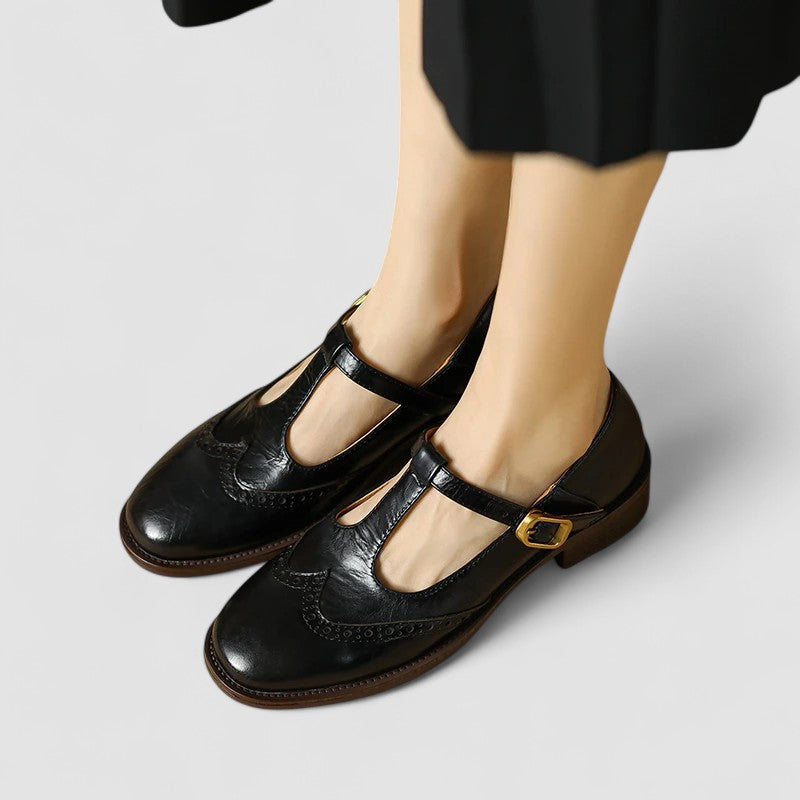 Celestine Browning | Cream Leather T-Strap Brogue Mary Jane Flats