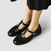 Celestine Browning | Cream Leather T-Strap Brogue Mary Jane Flats