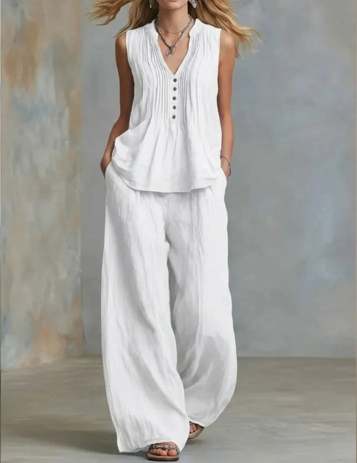 Margot Delacroix | Pleated V-Neck Wide-Leg Two Piece Set For Women