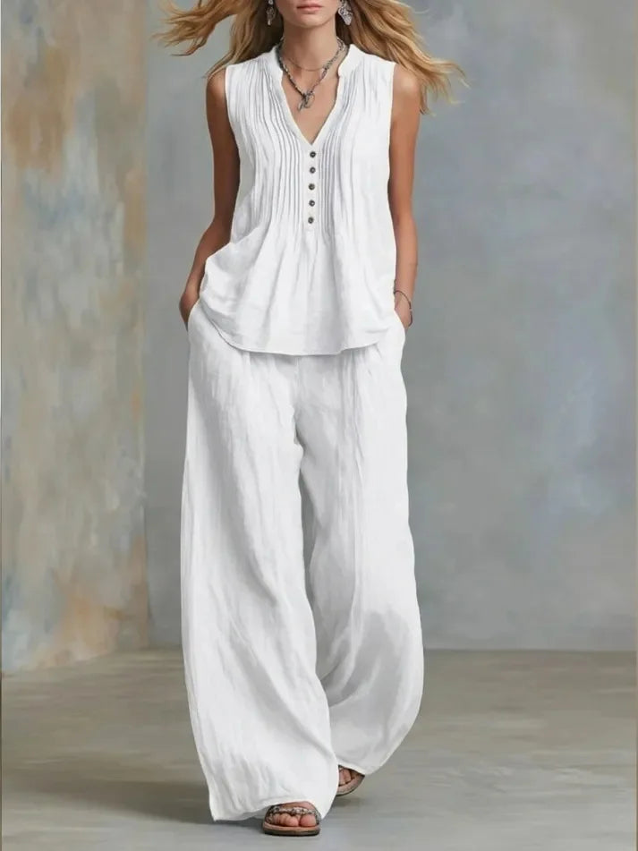 Margot Delacroix | Pleated V-Neck Wide-Leg Two Piece Set For Women
