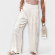 Marguerite Soleil | Coral Wide-Leg Linen Pants with Smocked Waist