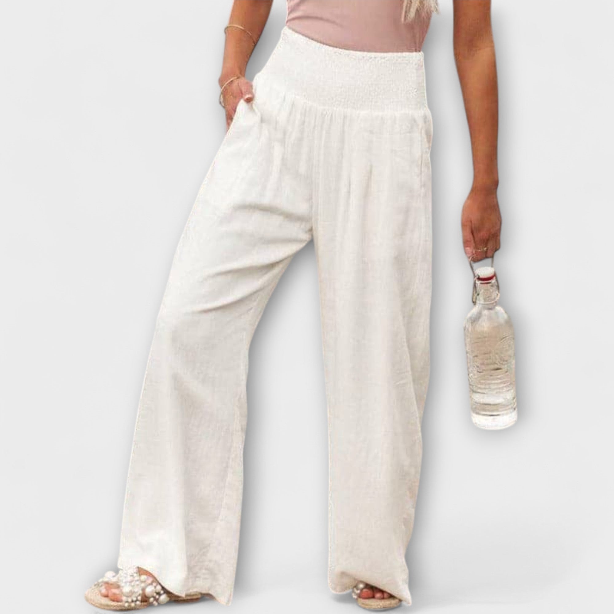Marguerite Soleil | Coral Wide-Leg Linen Pants with Smocked Waist