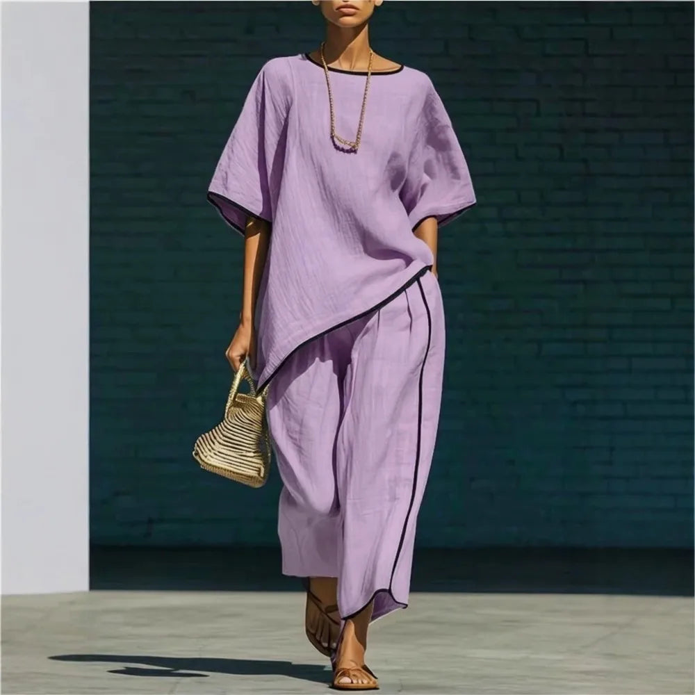 Nora King | Linen Cropped Wide Leg Pant Set in Blue
