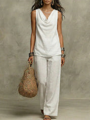 Aubrey Thompson | White Linen Two-Piece Set with Wide Leg Pants
