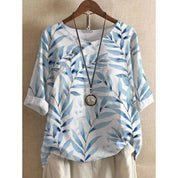 Riley Hall | Blue Leaf Print Linen Blouse with Rolled Sleeves