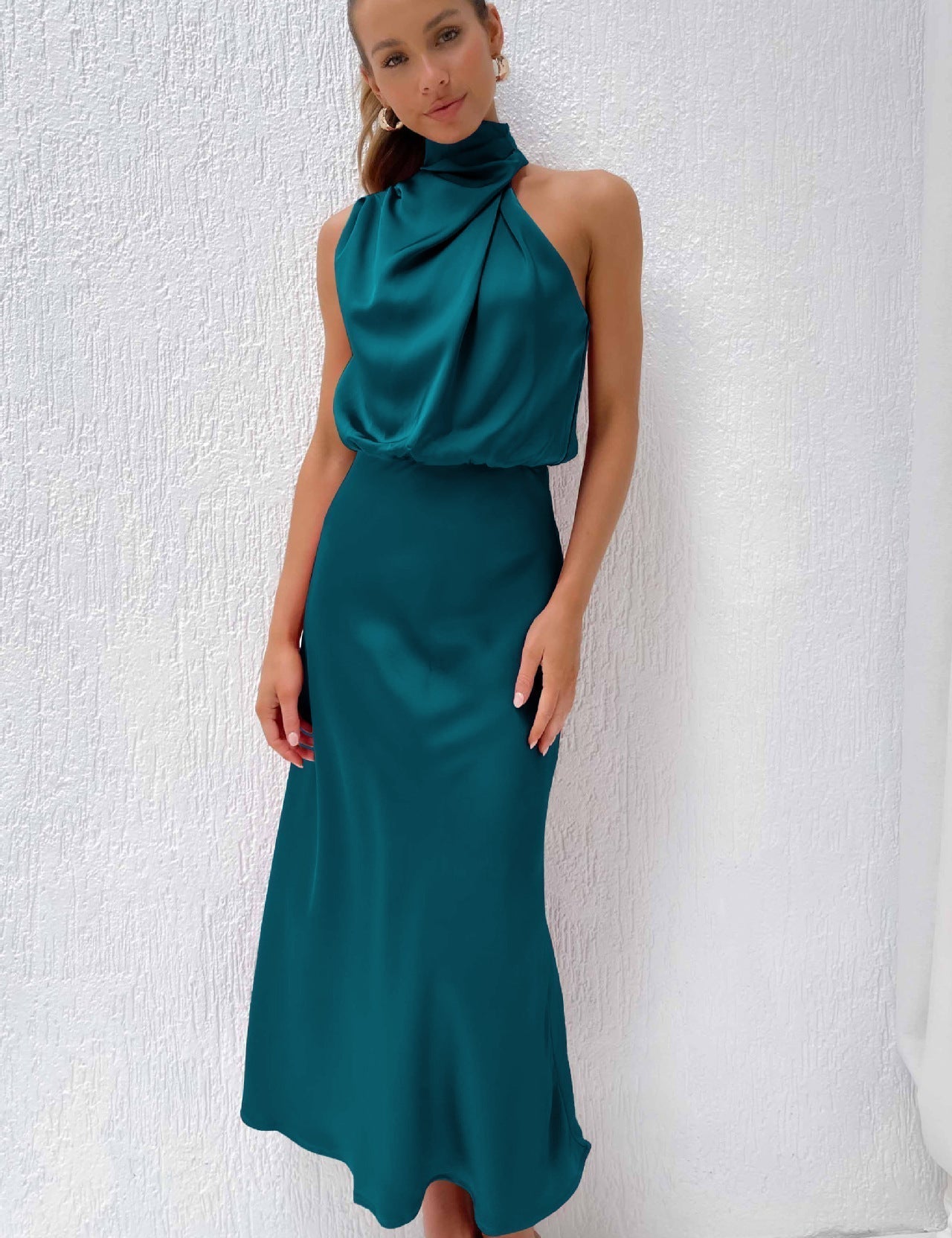 Seraffina Wolvecourt | Sage Green Satin Halter Midi Dress