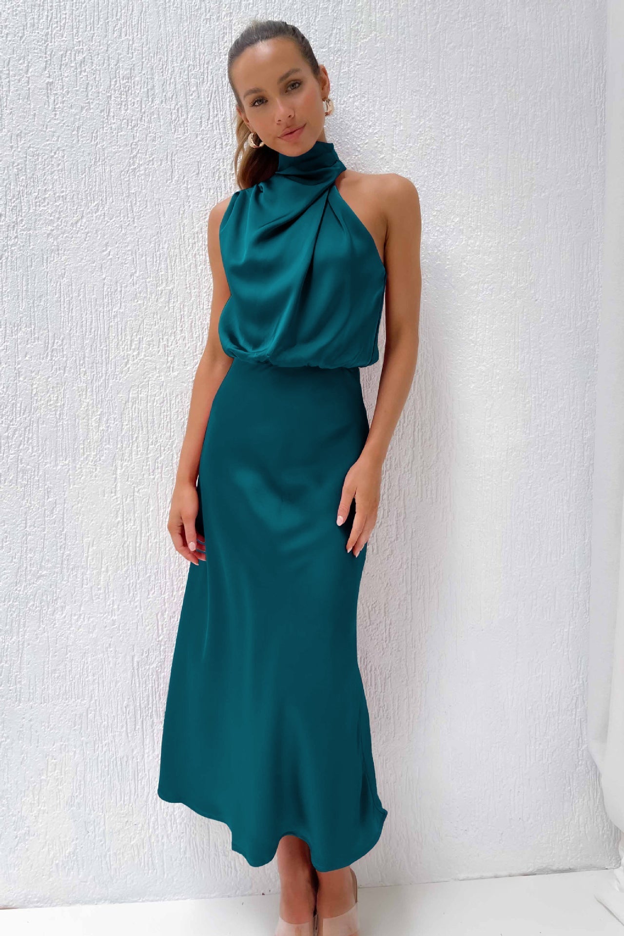 Seraffina Wolvecourt | Sage Green Satin Halter Midi Dress