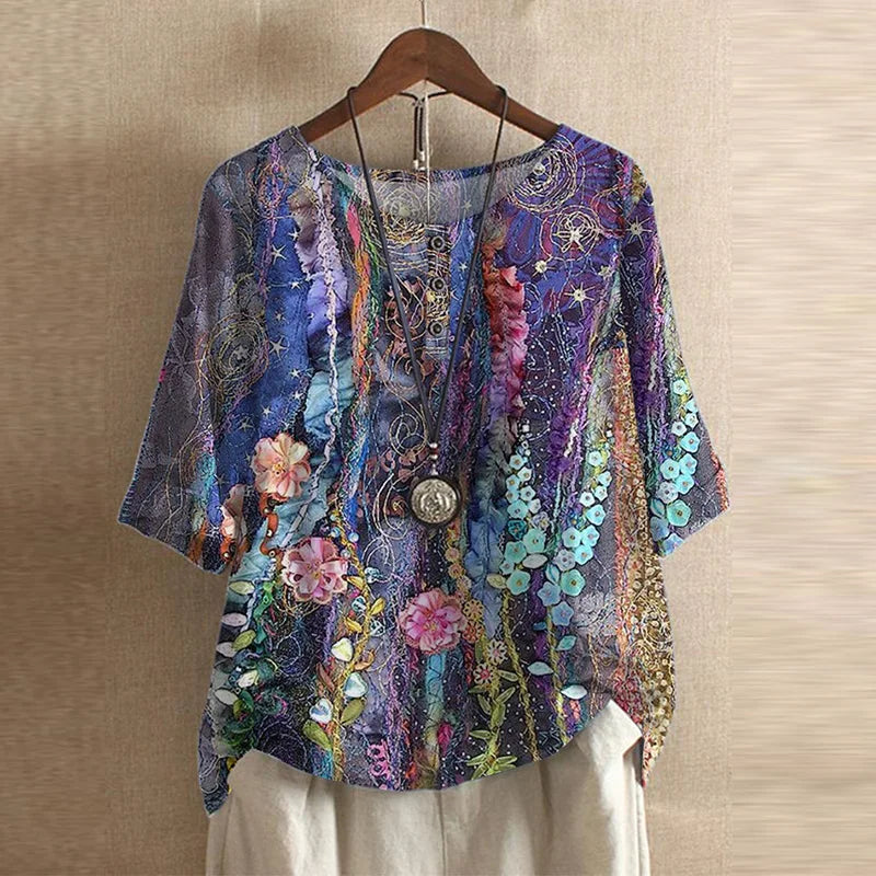 Colette Ashbourne | Retro Floral Print Blouse with 3/4 Sleeve