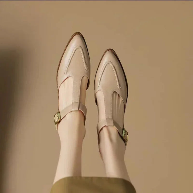 Félicienne Hartmore | T-Strap Buckle Flat in Tan Leather