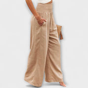 Marguerite Soleil | Coral Wide-Leg Linen Pants with Smocked Waist