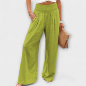 Marguerite Soleil | Coral Wide-Leg Linen Pants with Smocked Waist