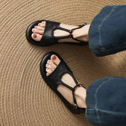 Claudia Ravensworth | Black Braided T-Strap Flat Sandals