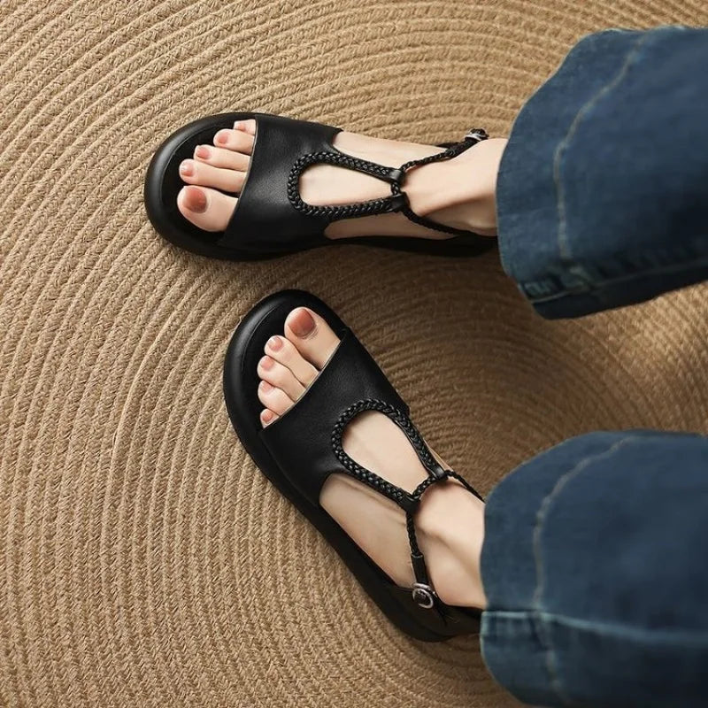 Claudia Ravensworth | Black Braided T-Strap Flat Sandals